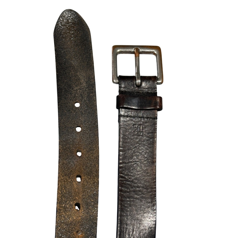 Ralph Lauren RL Mens Distressed Brown Leather Belt Square Buckle Vintage Look